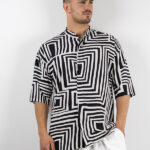 Πουκάμισο Εμπριμέ Oversized 3/4 Μανίκι Λευκό/Μαύρο