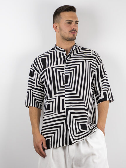Πουκάμισο Εμπριμέ Oversized 3/4 Μανίκι Λευκό/Μαύρο
