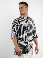 Πουκάμισο Εμπριμέ Oversized 3/4 Μανίκι Λευκό/Μαύρο