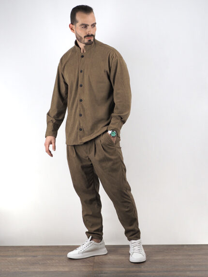 Πουκάμισο Regular Fit Mandarin Collar Ταμπά