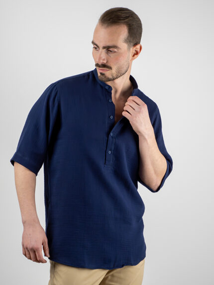 Πουκάμισο Overzised Με Μάο Γιακά Μπλέ.