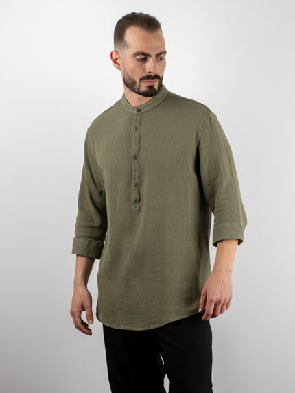 Πουκάμισο Lino Regular Fit 3/4 Μανίκι Λαδί