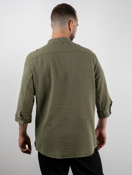 Πουκάμισο Lino Regular Fit 3/4 Μανίκι Λαδί
