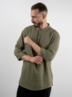 Πουκάμισο Lino Regular Fit 3/4 Μανίκι Λαδί
