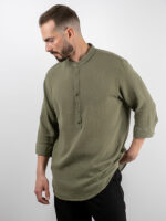 Πουκάμισο Lino Regular Fit 3/4 Μανίκι Λαδί