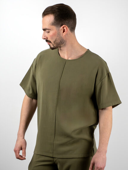 T-Shirt Oversized Μονόχρωμη με Ραφή Λαδί