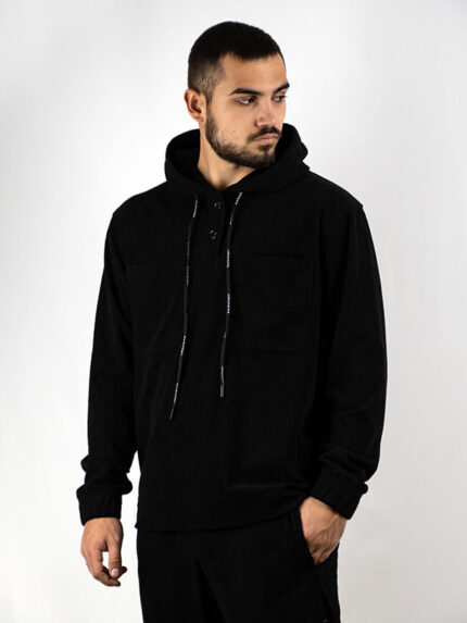 Φούτερ Slim Fit Κοτλέ & Kουκούλα Μαύρο
