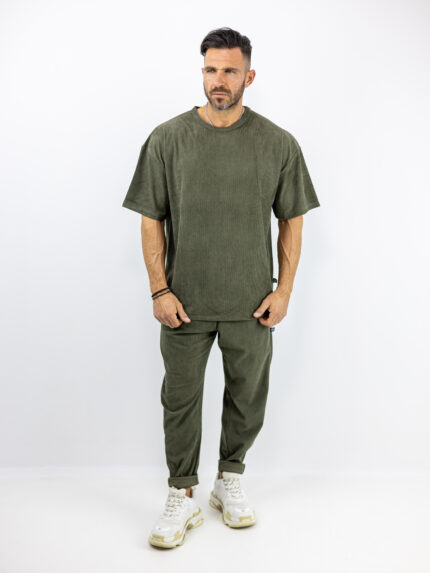 T-Shirt Λαιμόκοψη Oversized & Παντελόνι Jogger Loose Fit Κοτλέ Λαδί
