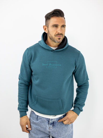 Φούτερ Regular Fit Cool Beginning & Κουκούλα Πετρόλ