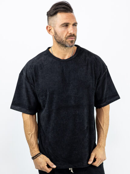 T-Shirt Κοτλέ Λαιμόκοψη Oversized Μαύρο