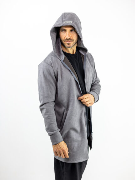 Ζακέτα Slim Fit Mακριά & Κουκούλα Γκρί