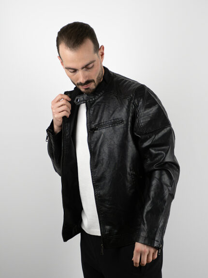 Μπουφάν Δερματίνη Slim Fit Bomber Μαύρο