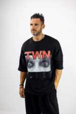 Φούτερ Oversized 3/4 Μανίκι & Στάμπα Μαύρο