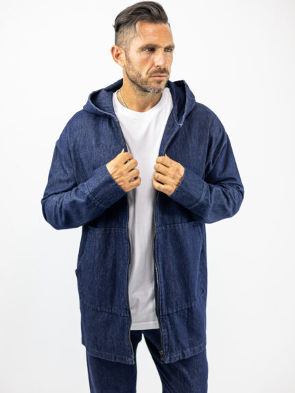 Ζακέτα Jean Oversized Μονόχρωμη με κουκούλα Μπλέ