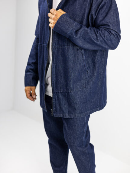 Ζακέτα Jean Oversized Μονόχρωμη με κουκούλα Μπλέ