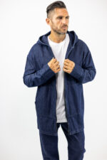 Ζακέτα Jean Oversized Μονόχρωμη με κουκούλα Μπλέ