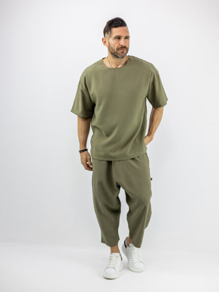 Παντελόνι Oversized Japanese & T-Shirt Oversized Μονόχρωμο Λαδί