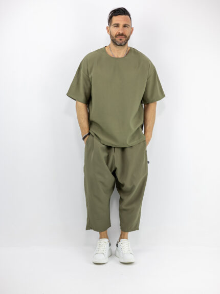 Παντελόνι Oversized Japanese & T-Shirt Oversized Μονόχρωμο Λαδί