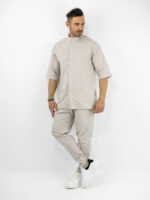 Παντελόνι Jogger Loose Fit & Λάστιχο Πίσω & Πουκάμισο Regular Fit Μάο & 3/4 Μανίκι Μπέζ