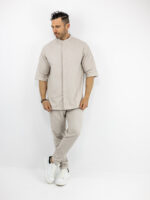 Παντελόνι Jogger Loose Fit & Λάστιχο Πίσω & Πουκάμισο Regular Fit Μάο & 3/4 Μανίκι Μπέζ