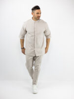Παντελόνι Jogger Loose Fit & Λάστιχο Πίσω & Πουκάμισο Regular Fit Μάο & 3/4 Μανίκι Μπέζ
