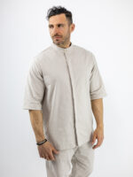 Παντελόνι Jogger Loose Fit & Λάστιχο Πίσω & Πουκάμισο Regular Fit Μάο & 3/4 Μανίκι Μπέζ