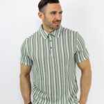 T-Shirt Polo Regular Fit Ριγέ Ασπρο/Λαδί