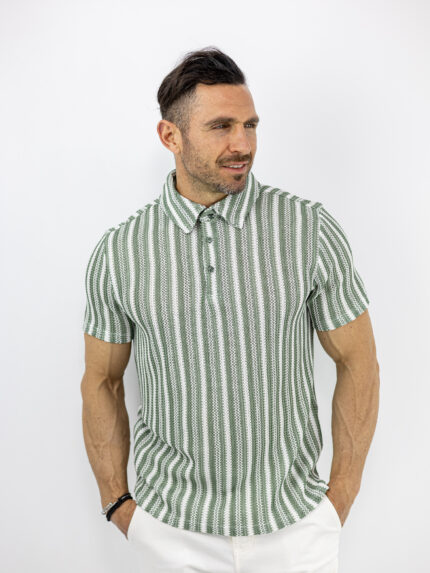T-Shirt Polo Regular Fit Ριγέ Ασπρο/Λαδί