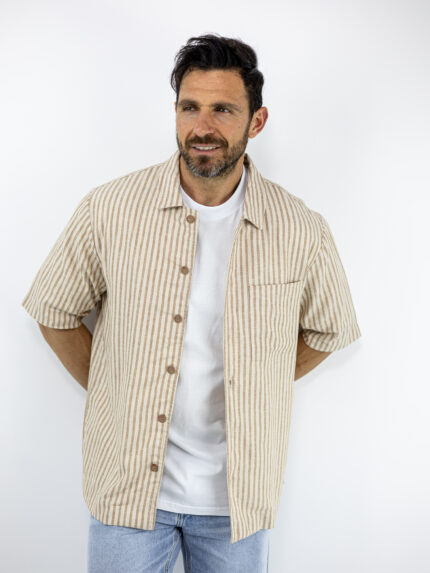 Πουκάμισο Λινό Regular Fit Ριγέ Μπέζ/Καφέ