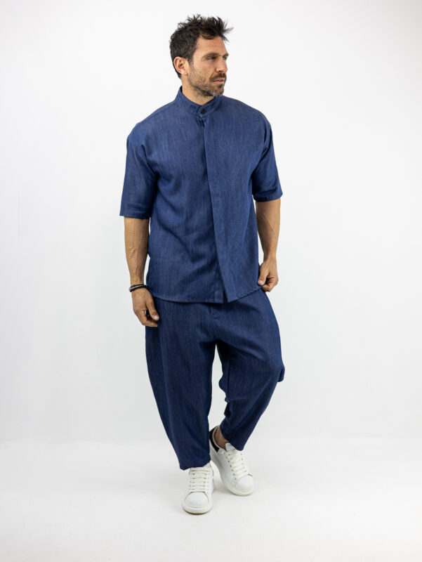 Jean Παντελόνι Balloon Μπλέ & Πουκάμισο Oversized Κρυφή Πατινέτα 3/4 Μανίκι Μπλέ