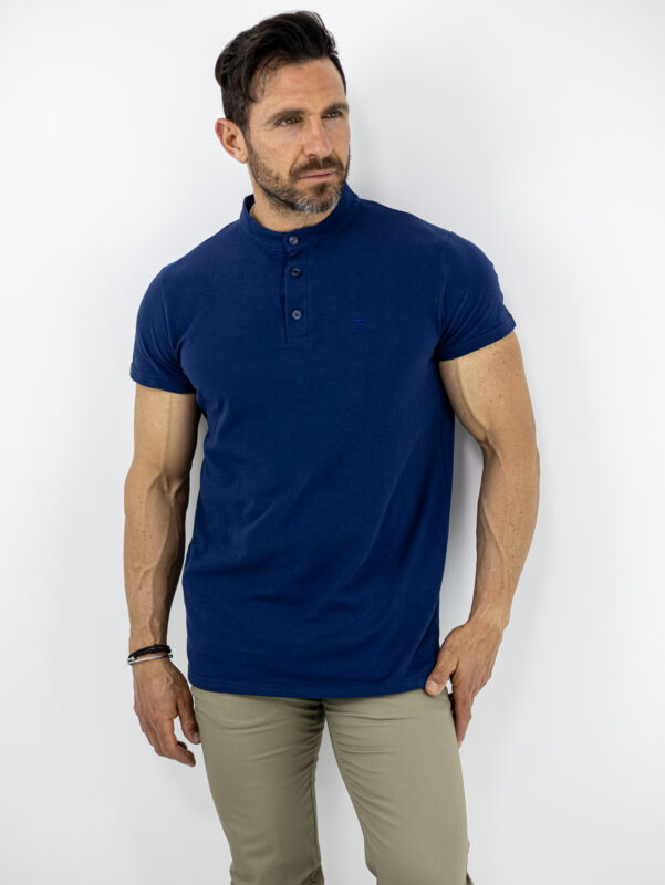 T-Shirt Μάο Regular Fit Μονόχρωμο Μπλέ