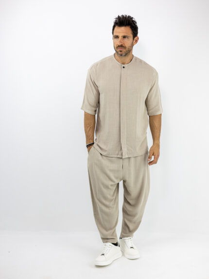 Παντελόνι Jogger Balloon & Πουκάμισο Oversized 3/4 Μανίκι Μπέζ