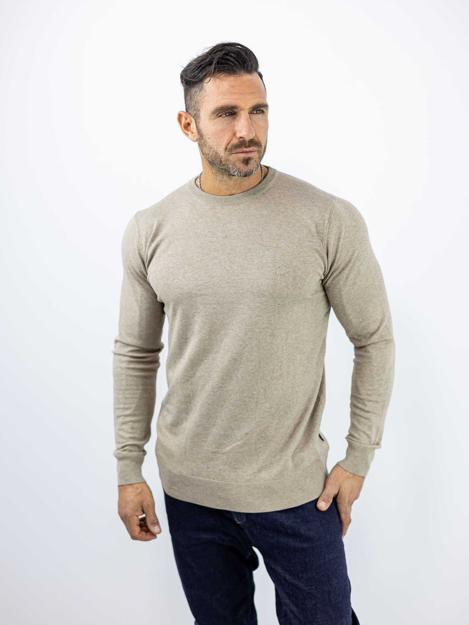 POULOVER_INDICODE_120134_MPEZ_01.jpg Πουλόβερ Slim Fit Μονόχρωμο Μπέζ