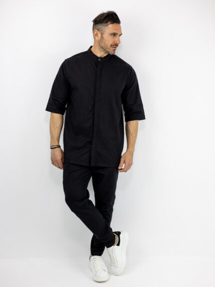 Παντελόνι Jogger Loose Fit & Λάστιχο Πίσω & Πουκάμισο Regular Fit Μάο & 3/4 Μανίκι Μαύρο