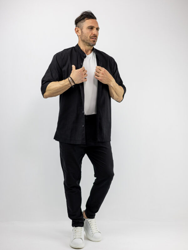 Παντελόνι Jogger Loose Fit & Λάστιχο Πίσω & Πουκάμισο Regular Fit Μάο & 3/4 Μανίκι Μαύρο
