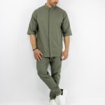 Παντελόνι Jogger Loose Fit & Λάστιχο Πίσω & Πουκάμισο Regular Fit Μάο & 3/4 Μανίκι Λαδί