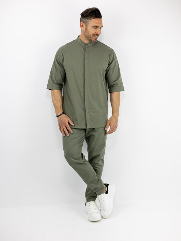 Παντελόνι Jogger Loose Fit & Λάστιχο Πίσω & Πουκάμισο Regular Fit Μάο & 3/4 Μανίκι Λαδί