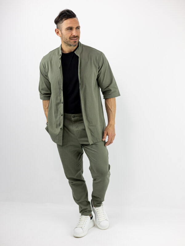 Παντελόνι Jogger Loose Fit & Λάστιχο Πίσω & Πουκάμισο Regular Fit Μάο & 3/4 Μανίκι Λαδί