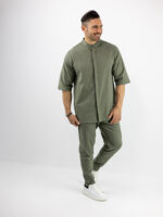 Παντελόνι Jogger Loose Fit & Λάστιχο Πίσω & Πουκάμισο Regular Fit Μάο & 3/4 Μανίκι Λαδί