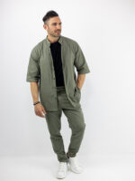 Παντελόνι Jogger Loose Fit & Λάστιχο Πίσω & Πουκάμισο Regular Fit Μάο & 3/4 Μανίκι Λαδί
