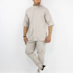 Παντελόνι Jogger Loose Fit & Λάστιχο Πίσω & Πουκάμισο Regular Fit Μάο & 3/4 Μανίκι Μπέζ