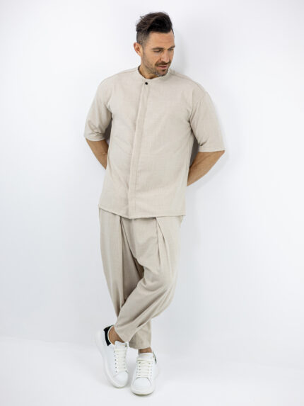 Παντελόνι Jogger Loose Fit & Πουκάμισο Oversized & Κρυφή Πατιλέτα Μπέζ