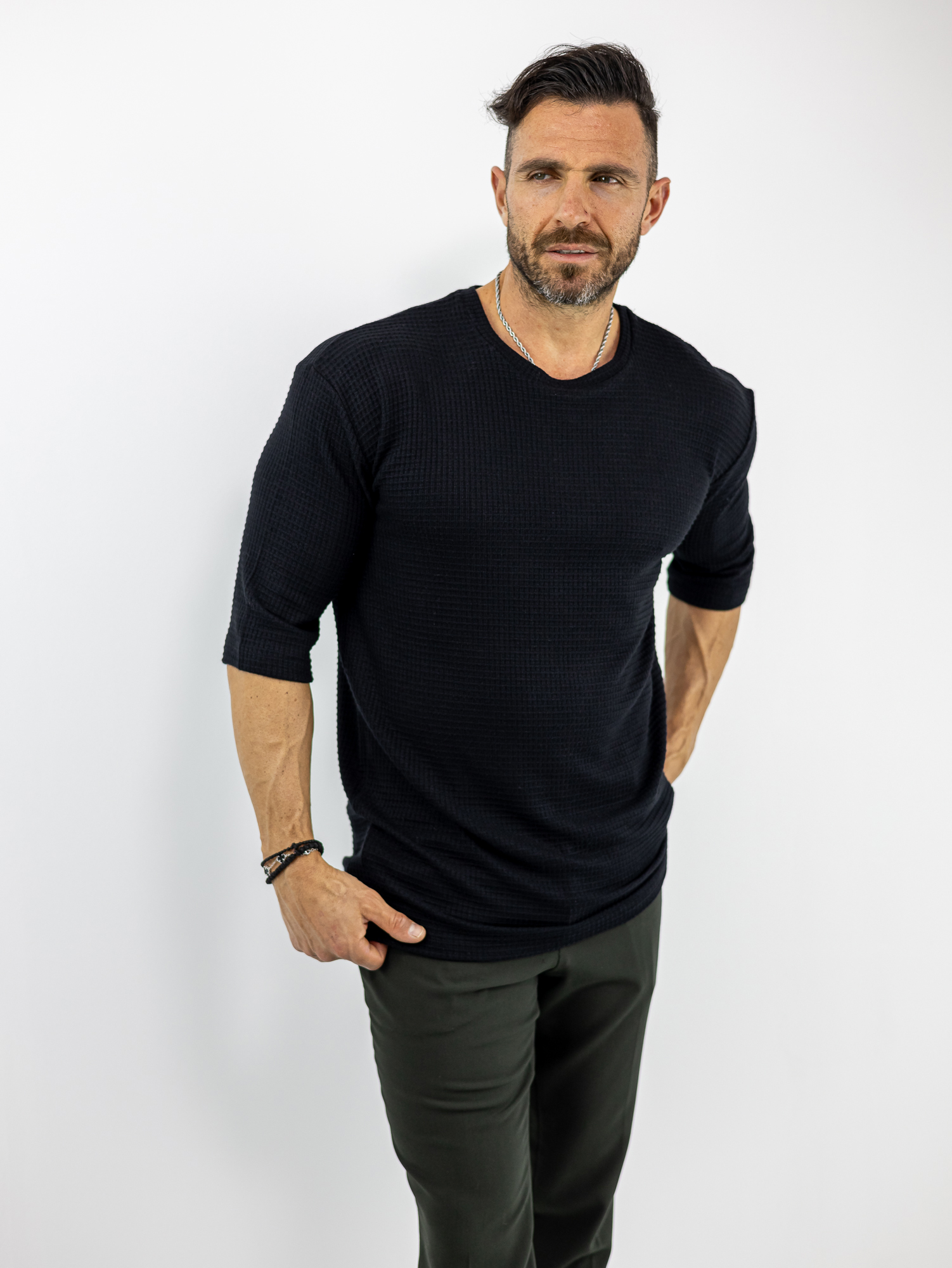 TSHIRT_COTTON4ALL_120449_MAURO_01.jpg T-Shirt Πλεκτό Oversized 3/4 Μανίκι Μαύρο