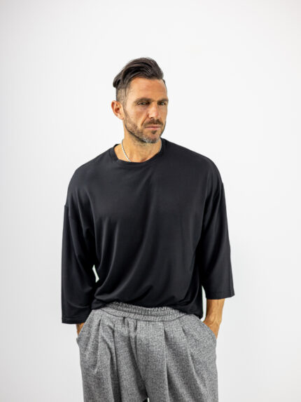 T-Shirt Oversized 3/4 Μανίκι Μονόχρωμο Μαύρο