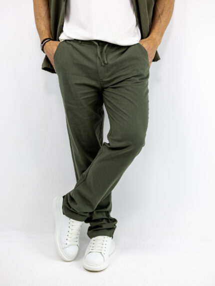 Παντελόνι Chinos Λινό Regular Fit Λαδί