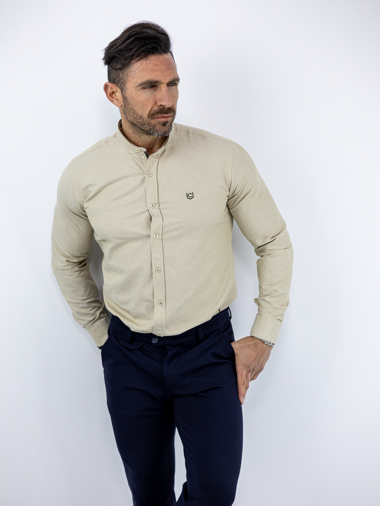 POUKAMISO_CND_130011_MPEZ_01.jpg Πουκάμισο Μάο Slim Fit - Στενή Γραμμή Μπέζ