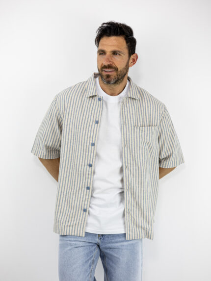 Πουκάμισο Λινό Regular Fit Ριγέ Γαλάζο/Λευκό