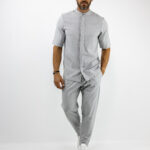 Παντελόνι Jogger Loose Fit με Λάστιχο Πίσω & Πουκάμισο Regular Fit Μάο Με Κρυφή Πατιλέτα Γκρί