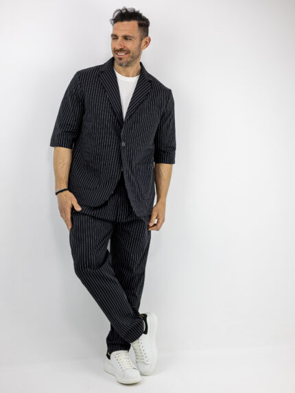 Παντελόνι Jogger Loose Fit Ριγέ & Σακάκι Overshirt Ριγέ Μαύρο