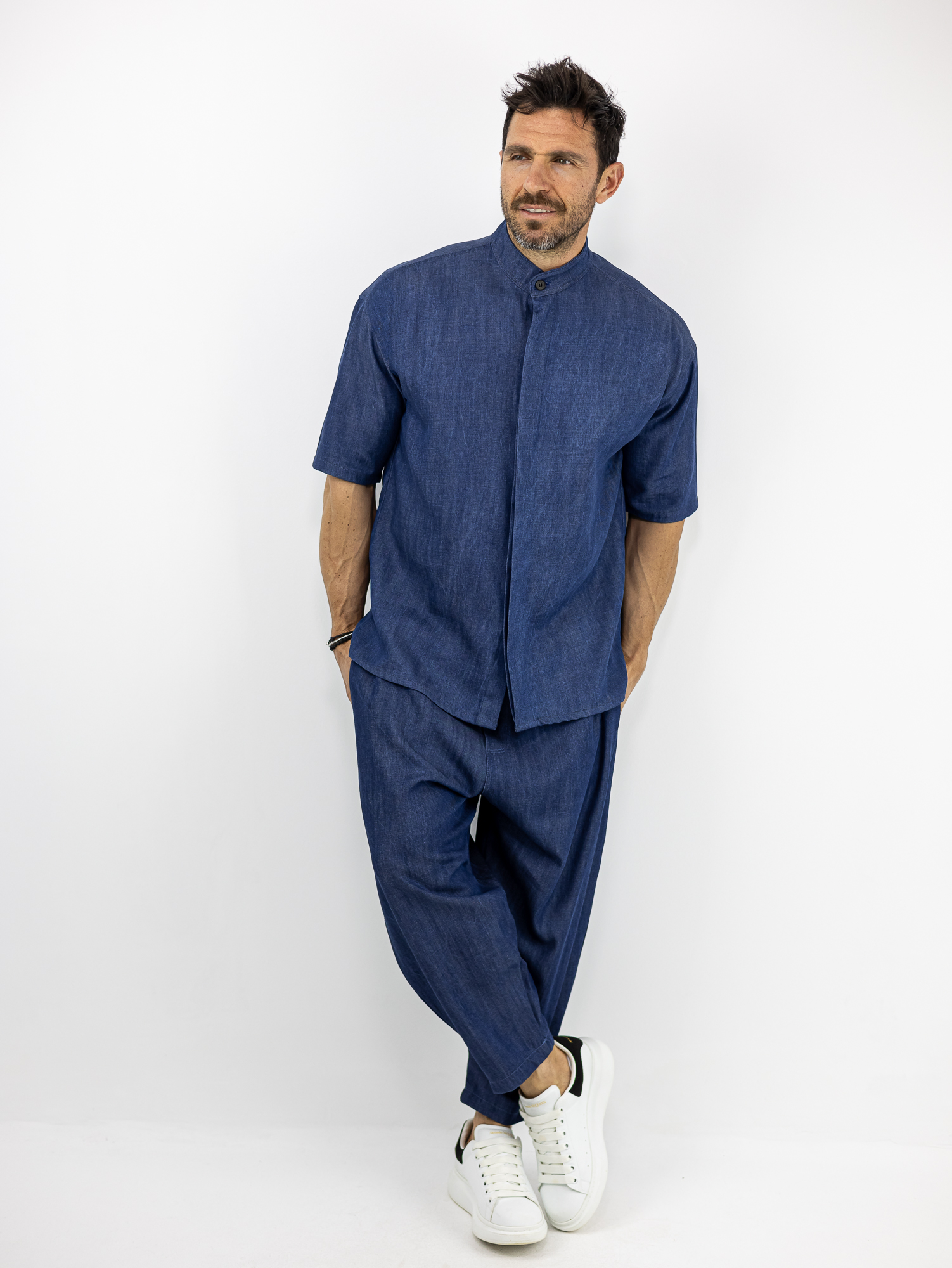 SET_TWINBLACK_130239_MPLE_01-1.jpg Jean Παντελόνι Balloon Μπλέ & Πουκάμισο Oversized Κρυφή Πατινέτα 3/4 Μανίκι Μπλέ